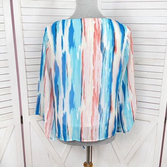 J.T.B. Paint Stroke Print Tie Front Bell Sleeve Blouse White Blue Petite Medium - Picture 4 of 13